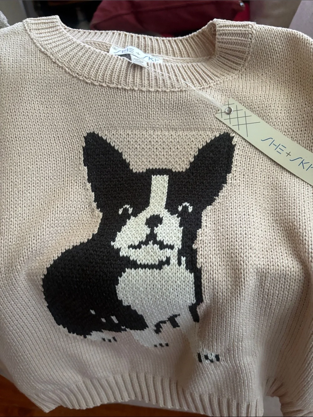 Cream Dog Knit Sweater with Black & White Dog Design by She+Sky